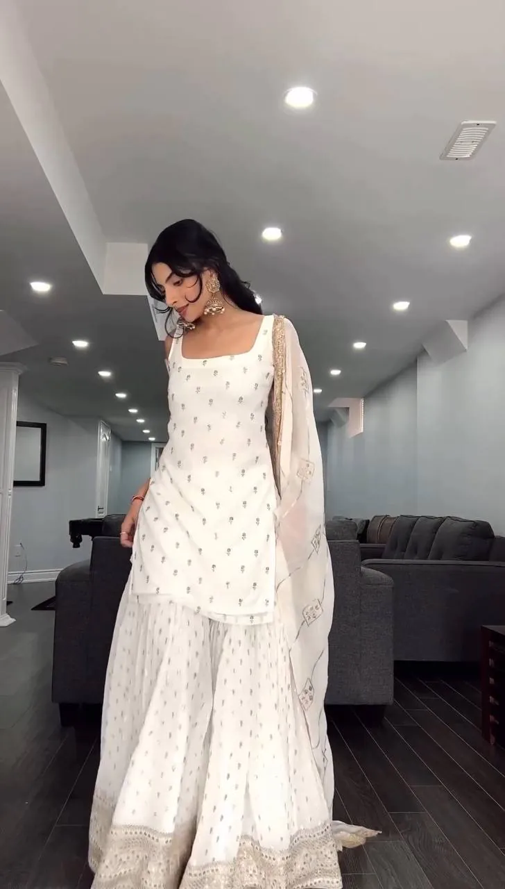 SRK 5147 White Color Pure Chinnon Silk Embroidery Sequence Salwar Suit Wedding, Party, Festive, Events Expected Delivery 4-6 Working Days @ 2099/- Only | Casual Suits, Creative suits, Designer Suits, Party Wear Suits, Salwar suit, Straight Suits