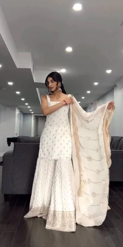 SRK 5147 White Color Pure Chinnon Silk Embroidery Sequence Salwar Suit Wedding, Party, Festive, Events Expected Delivery 4-6 Working Days @ 2099/- Only | Casual Suits, Creative suits, Designer Suits, Party Wear Suits, Salwar suit, Straight Suits