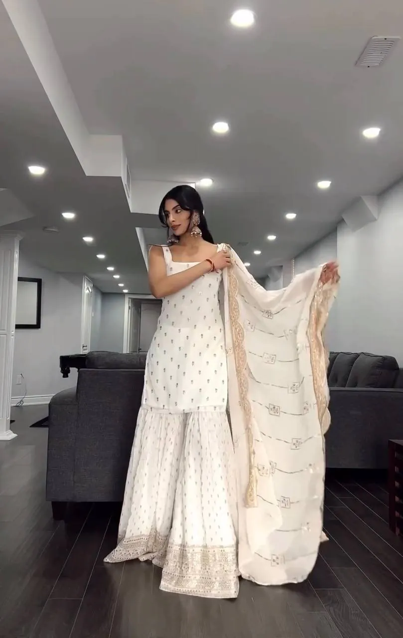 SRK 5147 White Color Pure Chinnon Silk Embroidery Sequence Salwar Suit Wedding, Party, Festive, Events Expected Delivery 4-6 Working Days @ 2099/- Only | Casual Suits, Creative suits, Designer Suits, Party Wear Suits, Salwar suit, Straight Suits