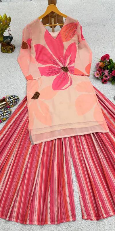 RTC 5687 Pink Color Georgette Digital Print Handwork Salwar Suit Casual, Wedding, Festive, Events Etc. Expected Delivery 4-6 Working Days @1949/- | Jump Suits, Casual Suits, Creative suits, Designer Suits, Palazzo Suits, Party Wear Suits, Patiala Suits, Salwar suit, Straight Suits