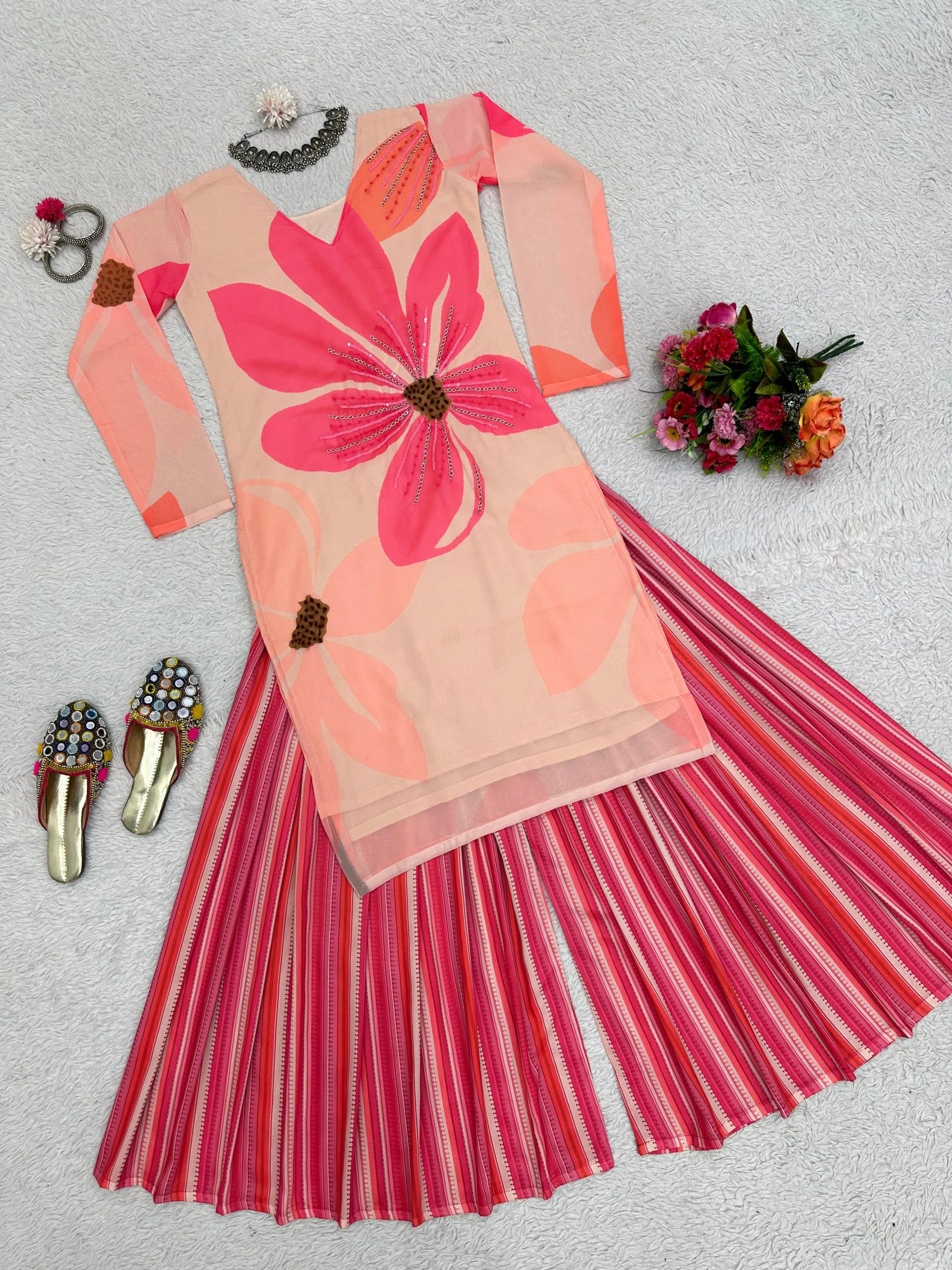 RTC 5687 Pink Color Georgette Digital Print Handwork Salwar Suit Casual, Wedding, Festive, Events Etc. Expected Delivery 4-6 Working Days @1949/- | Jump Suits, Casual Suits, Creative suits, Designer Suits, Palazzo Suits, Party Wear Suits, Patiala Suits, Salwar suit, Straight Suits