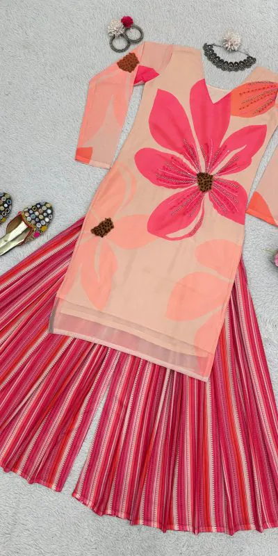 RTC 5687 Pink Color Georgette Digital Print Handwork Salwar Suit Casual, Wedding, Festive, Events Etc. Expected Delivery 4-6 Working Days @1949/- | Jump Suits, Casual Suits, Creative suits, Designer Suits, Palazzo Suits, Party Wear Suits, Patiala Suits, Salwar suit, Straight Suits