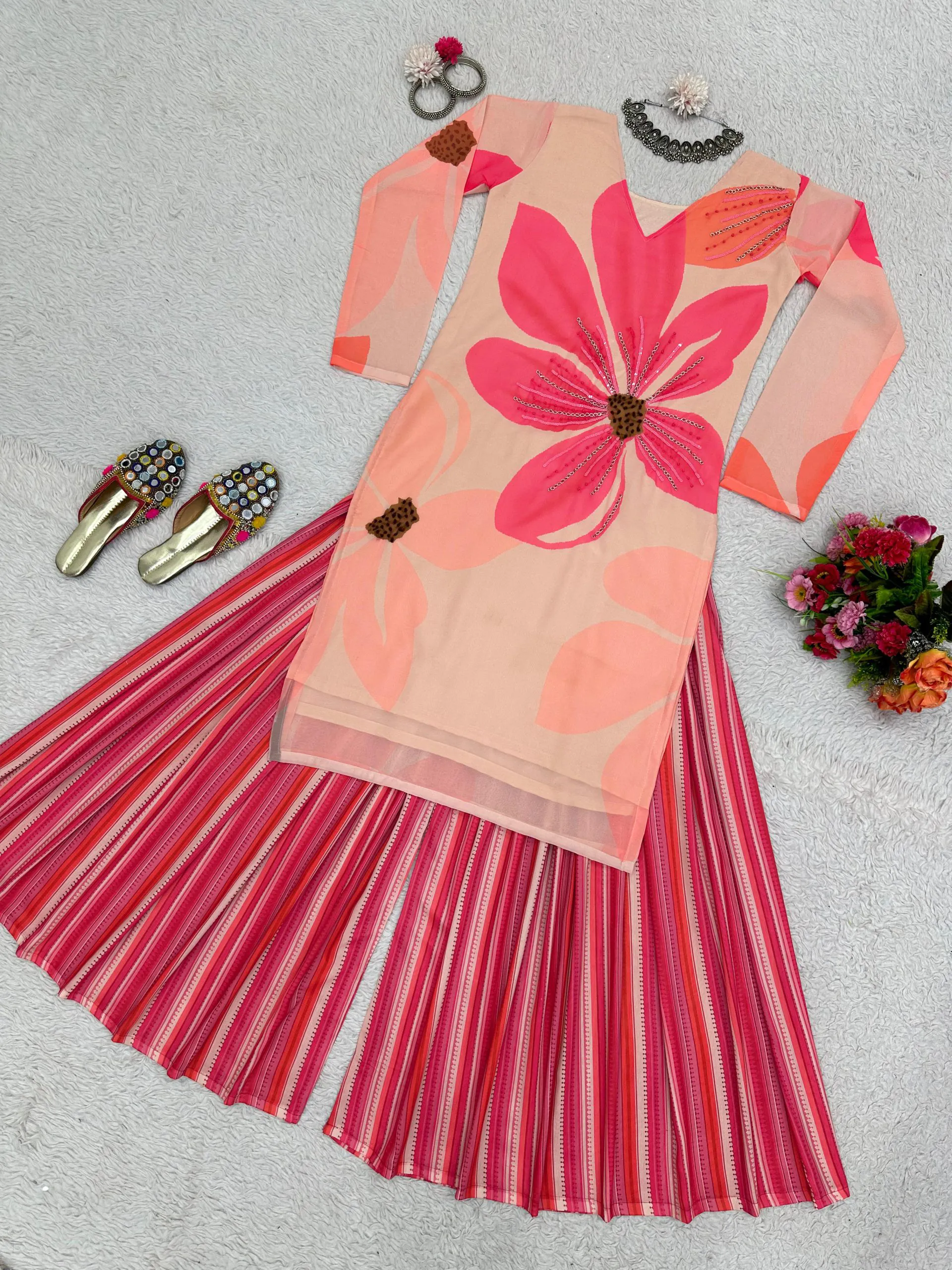 RTC 5687 Pink Color Georgette Digital Print Handwork Salwar Suit Casual, Wedding, Festive, Events Etc. Expected Delivery 4-6 Working Days @1949/- | Jump Suits, Casual Suits, Creative suits, Designer Suits, Palazzo Suits, Party Wear Suits, Patiala Suits, Salwar suit, Straight Suits