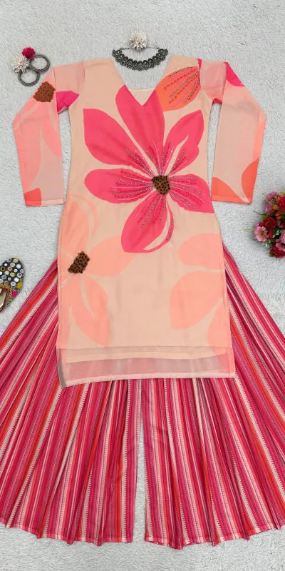 RTC 5687 Pink Color Georgette Digital Print Handwork Salwar Suit Casual, Wedding, Festive, Events Etc. Expected Delivery 4-6 Working Days @1949/- | Jump Suits, Casual Suits, Creative suits, Designer Suits, Palazzo Suits, Party Wear Suits, Patiala Suits, Salwar suit, Straight Suits