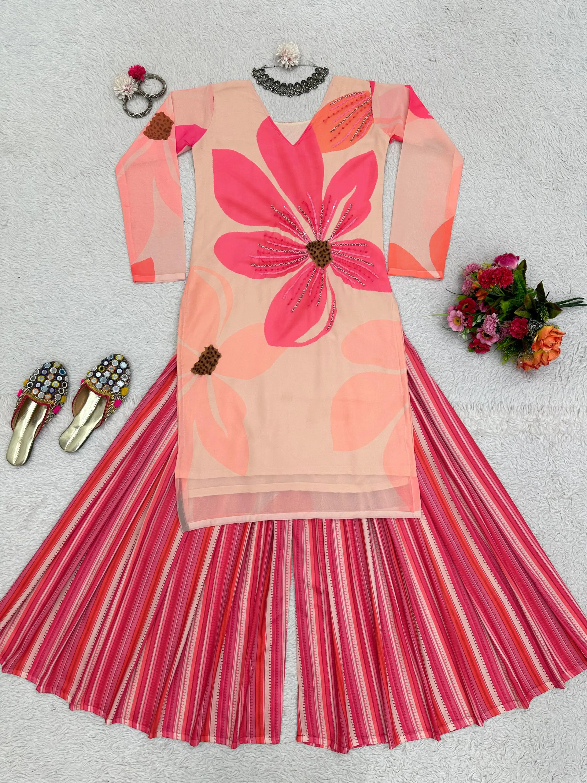 RTC 5687 Pink Color Georgette Digital Print Handwork Salwar Suit Casual, Wedding, Festive, Events Etc. Expected Delivery 4-6 Working Days @1949/- | Jump Suits, Casual Suits, Creative suits, Designer Suits, Palazzo Suits, Party Wear Suits, Patiala Suits, Salwar suit, Straight Suits