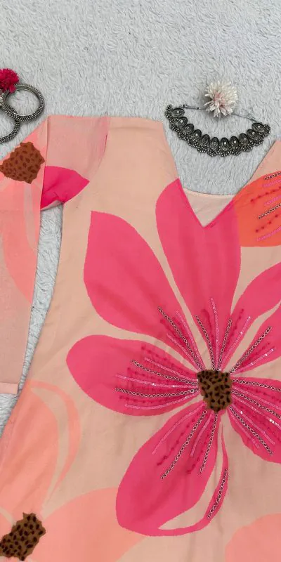 RTC 5687 Pink Color Georgette Digital Print Handwork Salwar Suit Casual, Wedding, Festive, Events Etc. Expected Delivery 4-6 Working Days @1949/- | Jump Suits, Casual Suits, Creative suits, Designer Suits, Palazzo Suits, Party Wear Suits, Patiala Suits, Salwar suit, Straight Suits