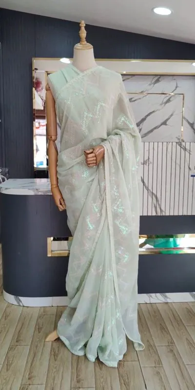 KD 401 Light Green Georgette Thread Sequence Lace Saree Casual, Party, Wedding, Festive, Events Etc.  Expected Delivery 4-6 Working Days @1799/- | Bollywood Sarees, Creative Sarees, Designer Sarees, Embroidered Sarees, Modern Digital sarees, Party Wear Sarees, Sarees