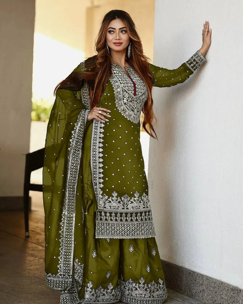 SSR 449 Mehndi Color Georgette Embroidery Sequence Salwar Suit Wedding, Party, Festive, Events Expected Delivery 4-6 Working Days @ 2049/- Only | Casual Suits, Creative suits, Designer Suits, Party Wear Suits, Salwar suit, Straight Suits