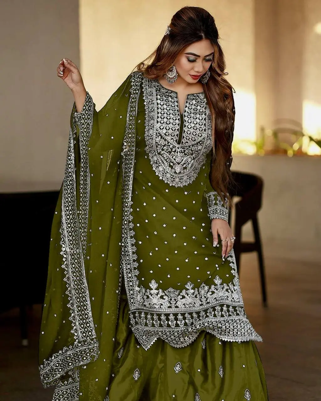 SSR 449 Mehndi Color Georgette Embroidery Sequence Salwar Suit Wedding, Party, Festive, Events Expected Delivery 4-6 Working Days @ 2049/- Only | Casual Suits, Creative suits, Designer Suits, Party Wear Suits, Salwar suit, Straight Suits