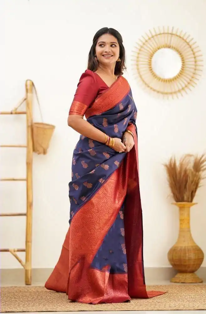 KP - 4061 Navy Blue Color Soft Lichi Silk Jacquard On All Over Saree Casual, Party Wear, Wedding, Events Etc. Expected Delivery 4-6 Working Days @1449/- | Bollywood Sarees, Creative Sarees, Designer Sarees, Embroidered Sarees, Ethnic Saree, Modern Digital sarees, Party Wear Sarees, Sarees
