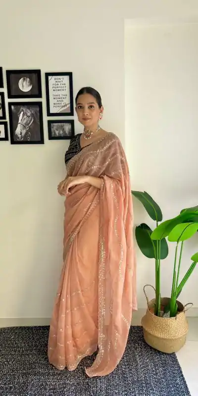 AC BROWNIE Peach Color Soft Organza Zari With Sequence Saree Blouse :Heavy Velvet Casual, Wedding, Festive, Events Expected Delivery 4-6 Working Days @1999 | Bollywood Sarees, Creative Sarees, Designer Sarees, Embroidered Sarees, Ethnic Saree, Modern Digital sarees, Party Wear Sarees, Sarees