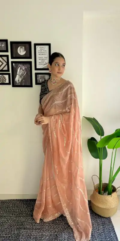 AC BROWNIE Peach Color Soft Organza Zari With Sequence Saree Blouse :Heavy Velvet Casual, Wedding, Festive, Events Expected Delivery 4-6 Working Days @1999 | Bollywood Sarees, Creative Sarees, Designer Sarees, Embroidered Sarees, Ethnic Saree, Modern Digital sarees, Party Wear Sarees, Sarees