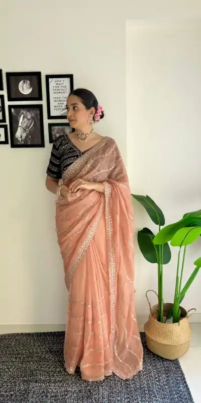 AC BROWNIE Peach Color Soft Organza Zari With Sequence Saree Blouse :Heavy Velvet Casual, Wedding, Festive, Events Expected Delivery 4-6 Working Days @1999 | Bollywood Sarees, Creative Sarees, Designer Sarees, Embroidered Sarees, Ethnic Saree, Modern Digital sarees, Party Wear Sarees, Sarees