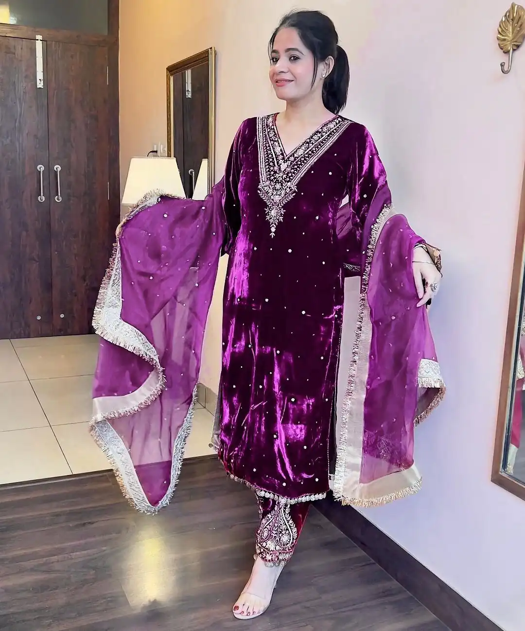 AD 134 Purple Color Heavy Pure Viscose Velvet Embroidery Sharara Suit Wedding, Party, Festive, Events Etc. Expected Delivery 4-6 Working Days @2099/- | Jump Suits, Casual Suits, Creative suits, Designer Suits, Palazzo Suits, Party Wear Suits, Patiala Suits, Salwar suit, Straight Suits