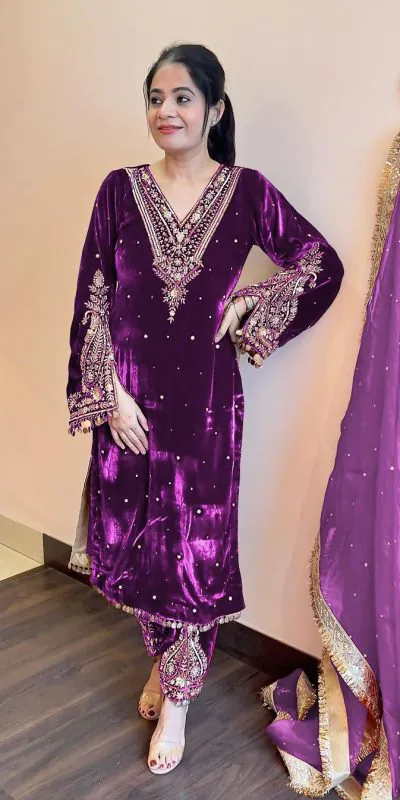 AD 134 Purple Color Heavy Pure Viscose Velvet Embroidery Sharara Suit Wedding, Party, Festive, Events Etc. Expected Delivery 4-6 Working Days @2099/- | Jump Suits, Casual Suits, Creative suits, Designer Suits, Palazzo Suits, Party Wear Suits, Patiala Suits, Salwar suit, Straight Suits