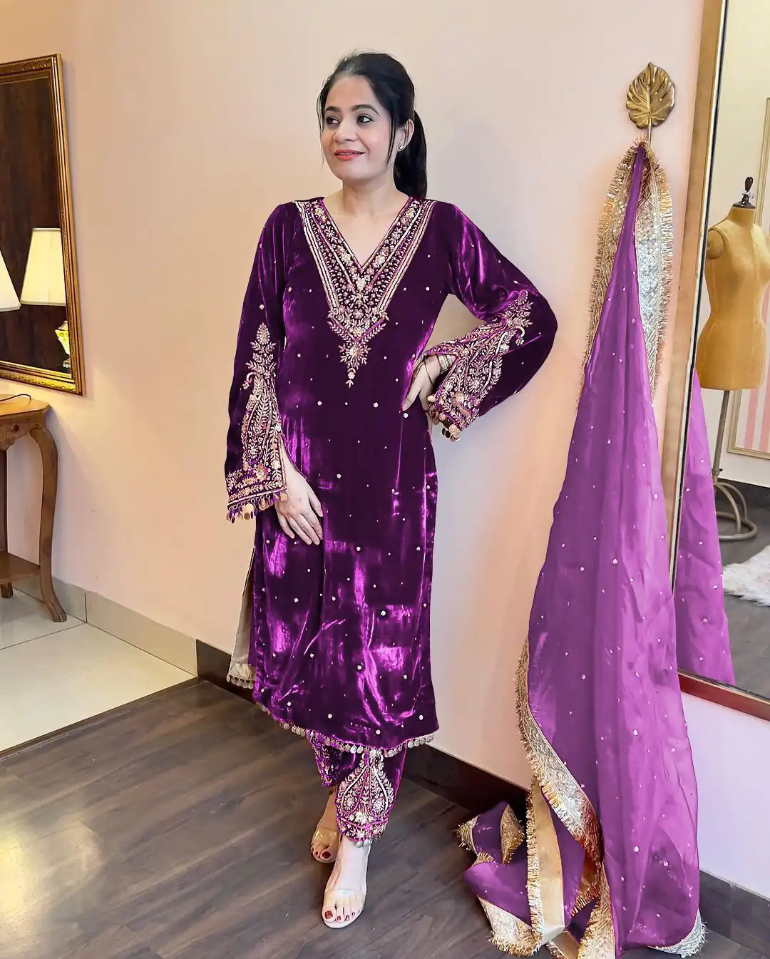 AD 134 Purple Color Heavy Pure Viscose Velvet Embroidery Sharara Suit Wedding, Party, Festive, Events Etc. Expected Delivery 4-6 Working Days @2099/- | Jump Suits, Casual Suits, Creative suits, Designer Suits, Palazzo Suits, Party Wear Suits, Patiala Suits, Salwar suit, Straight Suits