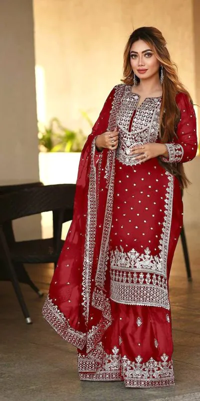 SSR 449 Red Color Georgette Embroidery Sequence Salwar Suit Wedding, Party, Festive, Events Expected Delivery 4-6 Working Days @ 2049/- Only | Casual Suits, Creative suits, Designer Suits, Party Wear Suits, Salwar suit, Straight Suits