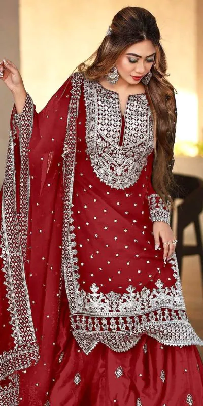 SSR 449 Red Color Georgette Embroidery Sequence Salwar Suit Wedding, Party, Festive, Events Expected Delivery 4-6 Working Days @ 2049/- Only | Casual Suits, Creative suits, Designer Suits, Party Wear Suits, Salwar suit, Straight Suits
