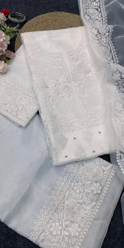 KD 1446 White Organza Silk Thread With Sequence Salwar Suit Casual, Party, Wedding, Festive, Events Etc. Expected Delivery 4-6 Working Days @1850/- | Casual Suits, Creative suits, Designer Suits, Palazzo Suits, Party Wear Suits, Patiala Suits, Salwar suit, Straight Suits