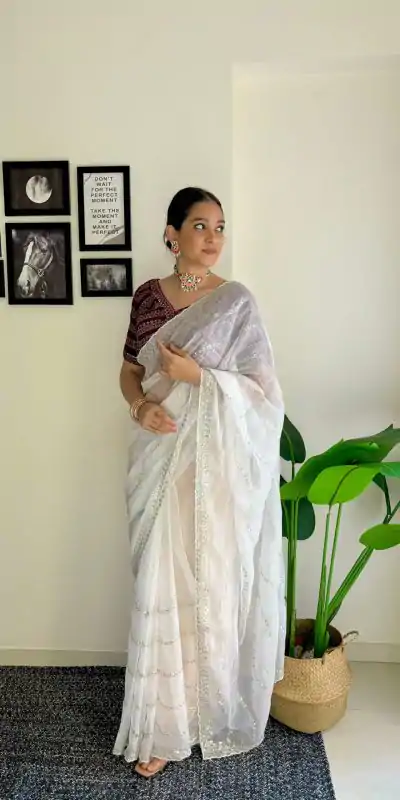 AC BROWNIE White Color Soft Organza Zari With Sequence Saree Blouse :Heavy Velvet Casual, Wedding, Festive, Events Expected Delivery 4-6 Working Days @1999 | Bollywood Sarees, Creative Sarees, Designer Sarees, Embroidered Sarees, Ethnic Saree, Modern Digital sarees, Party Wear Sarees, Sarees