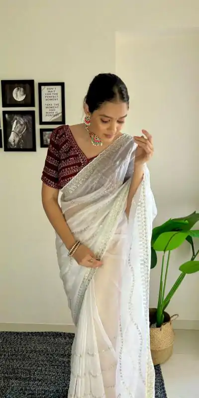 AC BROWNIE White Color Soft Organza Zari With Sequence Saree Blouse :Heavy Velvet Casual, Wedding, Festive, Events Expected Delivery 4-6 Working Days @1999 | Bollywood Sarees, Creative Sarees, Designer Sarees, Embroidered Sarees, Ethnic Saree, Modern Digital sarees, Party Wear Sarees, Sarees