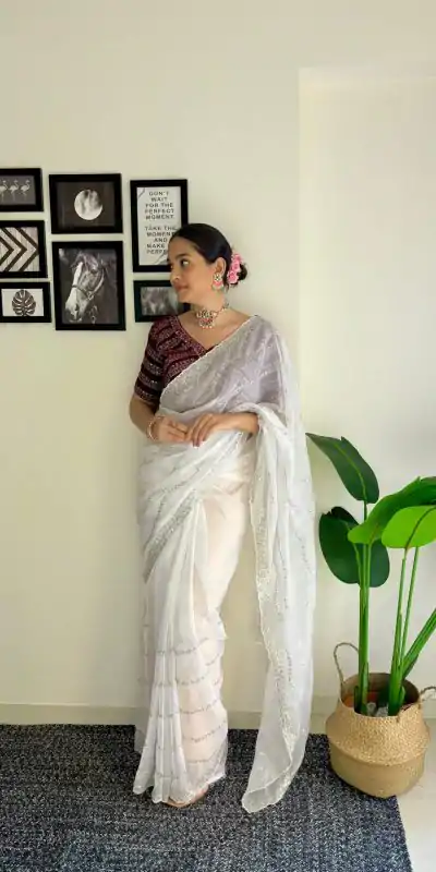 AC BROWNIE White Color Soft Organza Zari With Sequence Saree Blouse :Heavy Velvet Casual, Wedding, Festive, Events Expected Delivery 4-6 Working Days @1999 | Bollywood Sarees, Creative Sarees, Designer Sarees, Embroidered Sarees, Ethnic Saree, Modern Digital sarees, Party Wear Sarees, Sarees