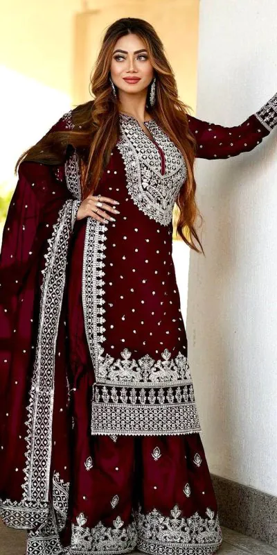 SSR 449 Wine Color Georgette Embroidery Sequence Salwar Suit Wedding, Party, Festive, Events Expected Delivery 4-6 Working Days @ 2049/- Only | Casual Suits, Creative suits, Designer Suits, Party Wear Suits, Salwar suit, Straight Suits