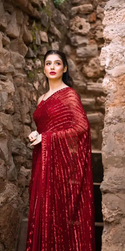JR 601A Red Color Georgette Embroidery Sequence lace with piping Work Saree Casual, Wedding, Festive, Events Etc. Expected Delivery  4-6 Working Days @1749/- | Bollywood Sarees, Creative Sarees, Designer Sarees, Embroidered Sarees, Ethnic Saree, Modern Digital sarees, Party Wear Sarees, Sarees