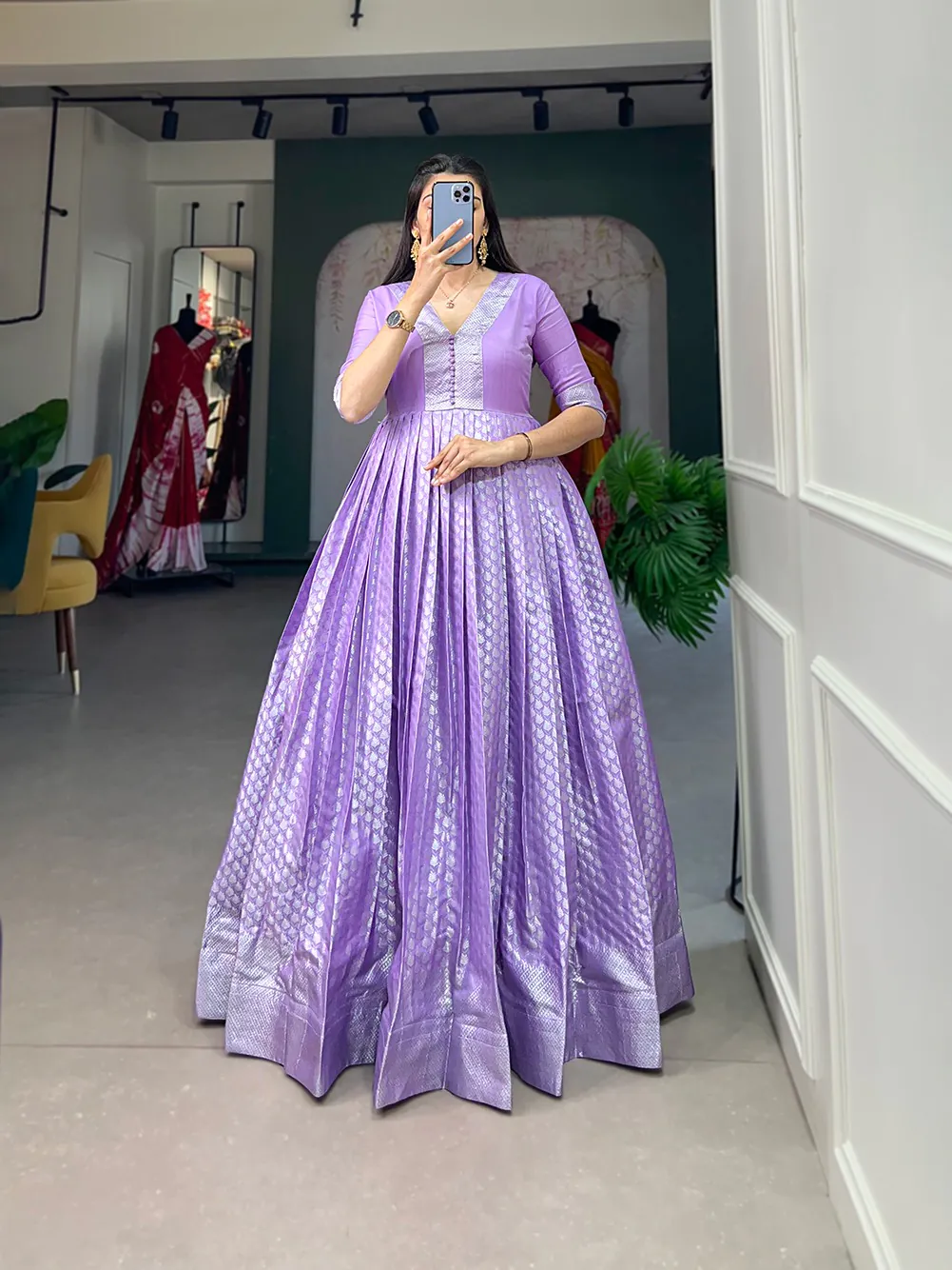 YNF 5321 Lavender Color Jacquard silk Floral weaving work Gown Casual, Wedding, Party, Festive, Events Etc. Expected Delivery 4-6 Working Days @1899/- | Bollywood Gowns, Creative Gowns, Designer Gowns, Embroidered Gowns, Gowns, Party Wear Gowns