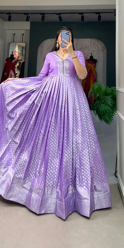 YNF 5321 Lavender Color Jacquard silk Floral weaving work Gown Casual, Wedding, Party, Festive, Events Etc. Expected Delivery 4-6 Working Days @1899/- | Bollywood Gowns, Creative Gowns, Designer Gowns, Embroidered Gowns, Gowns, Party Wear Gowns