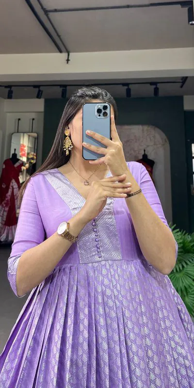 YNF 5321 Lavender Color Jacquard silk Floral weaving work Gown Casual, Wedding, Party, Festive, Events Etc. Expected Delivery 4-6 Working Days @1899/- | Bollywood Gowns, Creative Gowns, Designer Gowns, Embroidered Gowns, Gowns, Party Wear Gowns