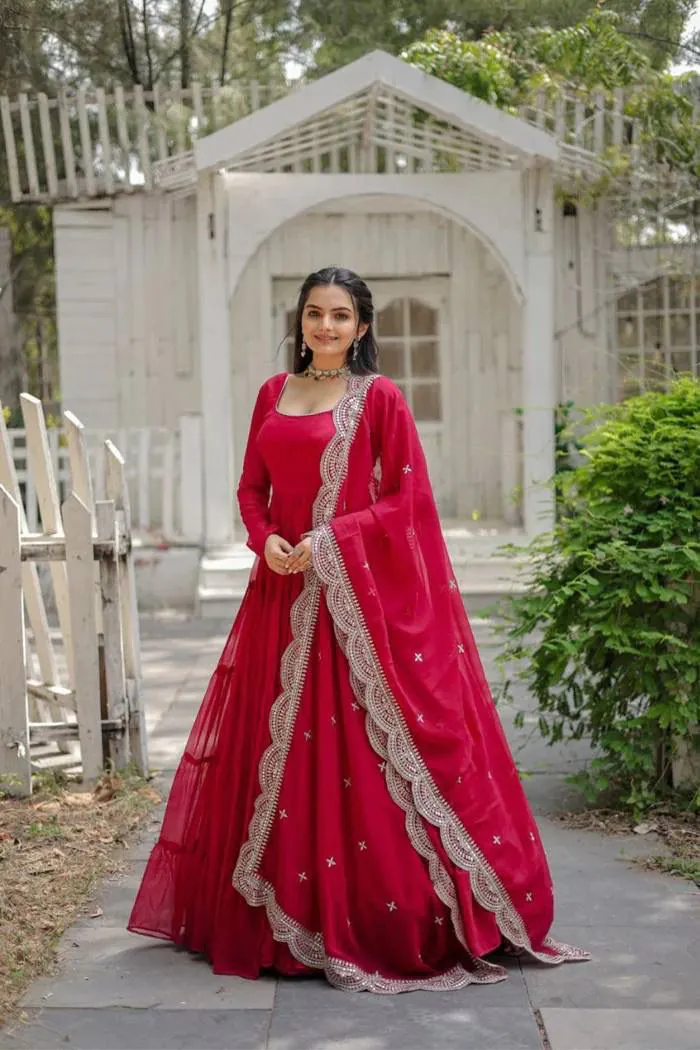  DC G38 Red Color Garget With Full Sleeves Fancy lace Gown Casual, Wedding, Party, Festive, Events Etc. Expected Delivery 4-6 Working Days @1999/- | Bollywood Gowns, Creative Gowns, Designer Gowns, Embroidered Gowns, Gowns, Party Wear Gowns
