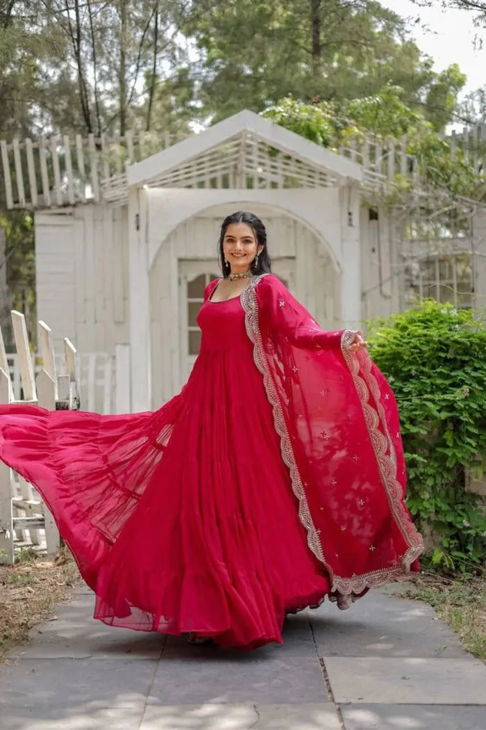  DC G38 Red Color Garget With Full Sleeves Fancy lace Gown Casual, Wedding, Party, Festive, Events Etc. Expected Delivery 4-6 Working Days @1999/- | Bollywood Gowns, Creative Gowns, Designer Gowns, Embroidered Gowns, Gowns, Party Wear Gowns
