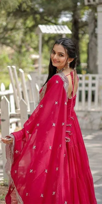  DC G38 Red Color Garget With Full Sleeves Fancy lace Gown Casual, Wedding, Party, Festive, Events Etc. Expected Delivery 4-6 Working Days @1999/- | Bollywood Gowns, Creative Gowns, Designer Gowns, Embroidered Gowns, Gowns, Party Wear Gowns