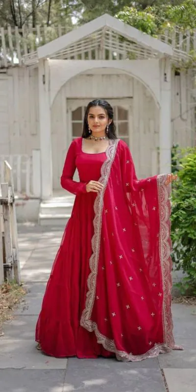  DC G38 Red Color Garget With Full Sleeves Fancy lace Gown Casual, Wedding, Party, Festive, Events Etc. Expected Delivery 4-6 Working Days @1999/- | Bollywood Gowns, Creative Gowns, Designer Gowns, Embroidered Gowns, Gowns, Party Wear Gowns