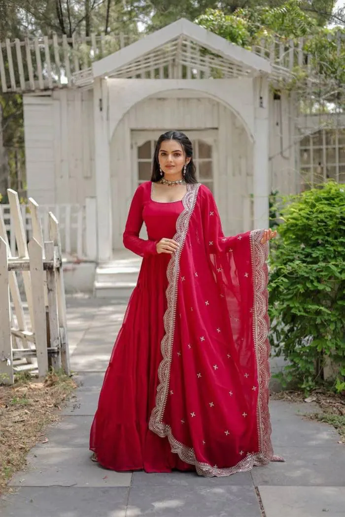  DC G38 Red Color Garget With Full Sleeves Fancy lace Gown Casual, Wedding, Party, Festive, Events Etc. Expected Delivery 4-6 Working Days @1999/- | Bollywood Gowns, Creative Gowns, Designer Gowns, Embroidered Gowns, Gowns, Party Wear Gowns