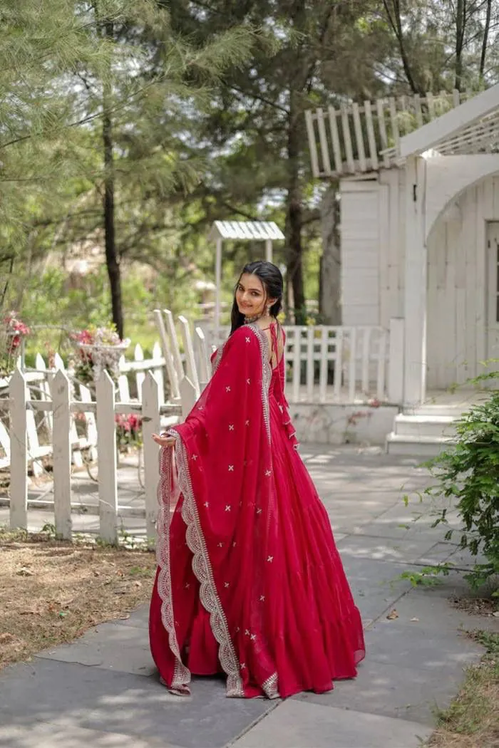  DC G38 Red Color Garget With Full Sleeves Fancy lace Gown Casual, Wedding, Party, Festive, Events Etc. Expected Delivery 4-6 Working Days @1999/- | Bollywood Gowns, Creative Gowns, Designer Gowns, Embroidered Gowns, Gowns, Party Wear Gowns