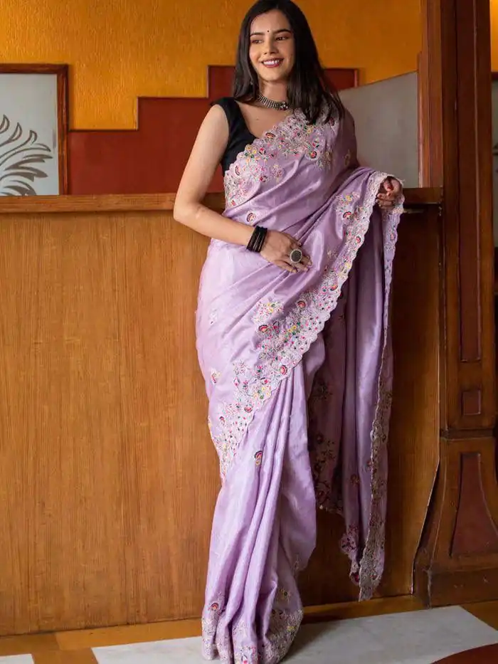ST 328 Violet Color Vichitra Silk Cotton Embroidery Work Saree Casual, Wedding, Party, Festive, Events Etc. Expected Delivery 4-6 Working Days @1999/- | Bollywood Sarees, Creative Sarees, Designer Sarees, Embroidered Sarees, Ethnic Saree, Modern Digital sarees, Party Wear Sarees, Sarees
