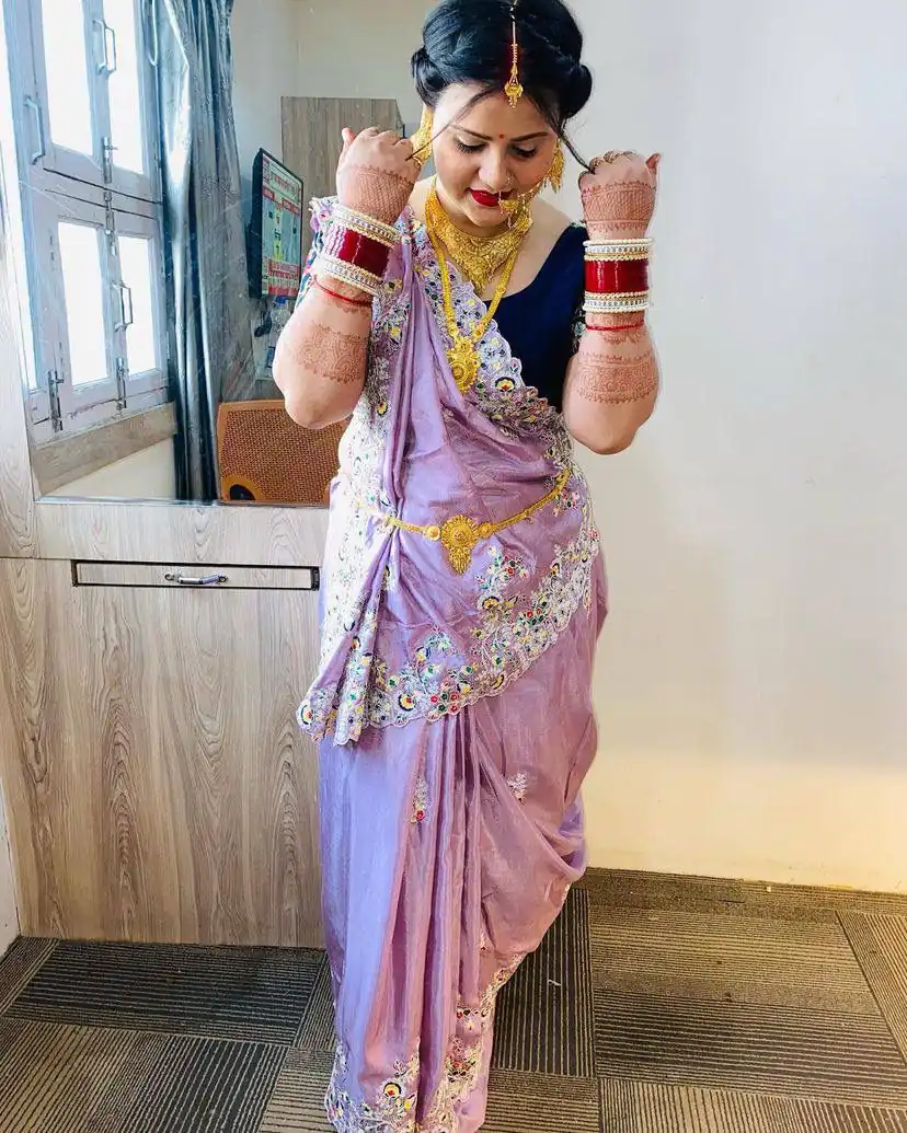 ST 328 Violet Color Vichitra Silk Cotton Embroidery Work Saree Casual, Wedding, Party, Festive, Events Etc. Expected Delivery 4-6 Working Days @1999/- | Bollywood Sarees, Creative Sarees, Designer Sarees, Embroidered Sarees, Ethnic Saree, Modern Digital sarees, Party Wear Sarees, Sarees