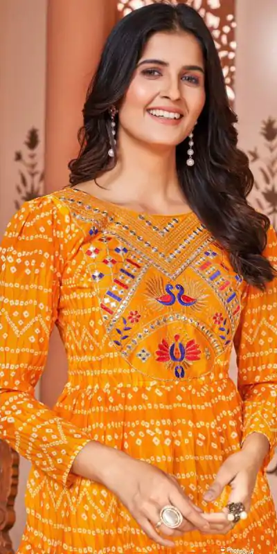 INLI Lehariya Orange Color Heavy Georgette Printed Embroidery Work Gown Casual Wedding, Party, Festive, Events Etc. Expected Delivery 4-6 Working Days @1599 | Bollywood Gowns, Creative Gowns, Designer Gowns, Embroidered Gowns, Gowns, Party Wear Gowns