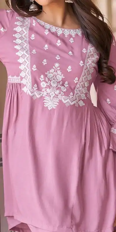 MF1001 Pink Color Rayon With Beautiful Embroidery Work Kurti Wedding, Party, Festive, Events Etc. Expected Delivery 4-6 Working Days @1450/- | Bollywood Kurti, Creative Kurtis, Designer Kurti, Kurti, Party Wear Kurti, Selfie Kurti