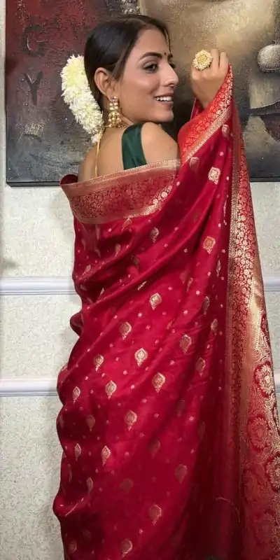 DDF 128 Red Color Banarasi Soft Silk Extra Ordinary Design Saree Casual, Party Wear, Events, Festivals Etc. Expected Delivery 4-6 Working Days 1399/- | Bollywood Sarees, Creative Sarees, Designer Sarees, Embroidered Sarees, Ethnic Saree, Modern Digital sarees, Party Wear Sarees, Sarees