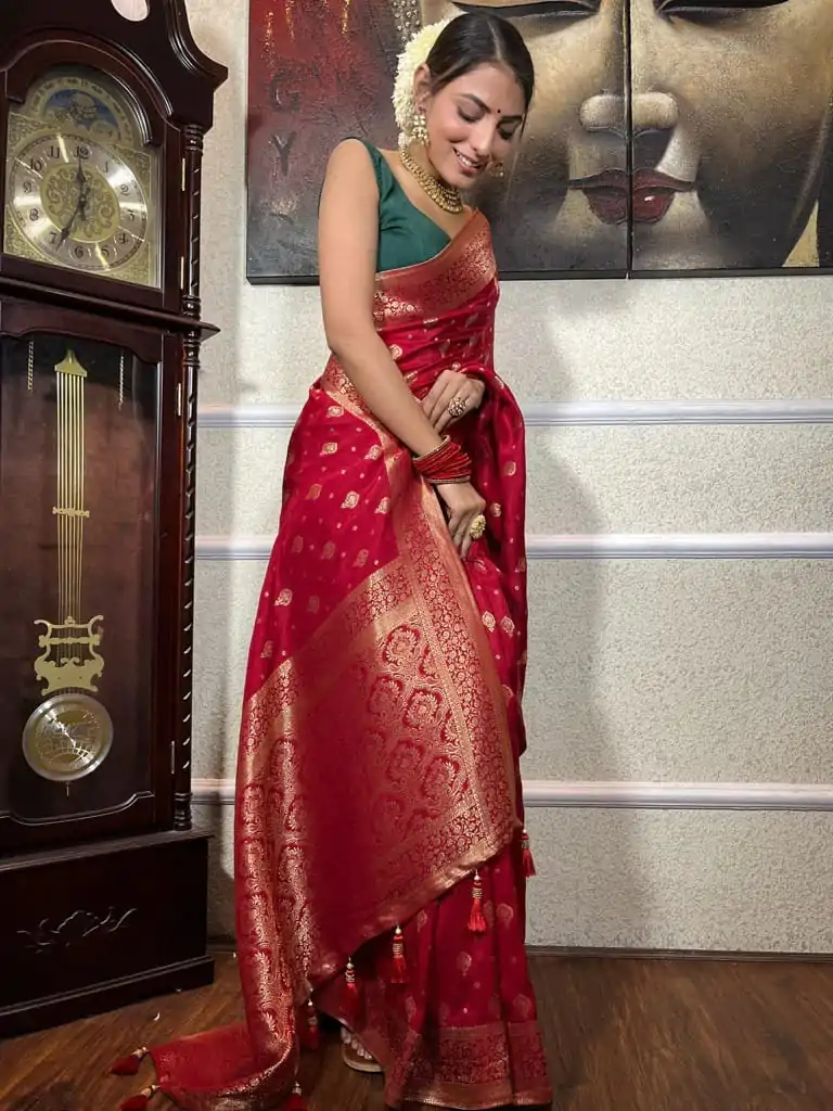 DDF 128 Red Color Banarasi Soft Silk Extra Ordinary Design Saree Casual, Party Wear, Events, Festivals Etc. Expected Delivery 4-6 Working Days 1399/- | Bollywood Sarees, Creative Sarees, Designer Sarees, Embroidered Sarees, Ethnic Saree, Modern Digital sarees, Party Wear Sarees, Sarees