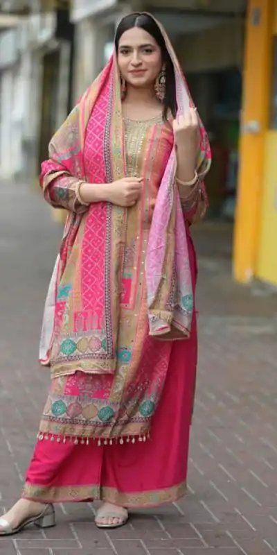 LG-1834 Pink Color Maslin Embroidery Printed Mirror Salwar Suit Casual, Wedding, Festive, Events Expected Delivery 4-6 Working Days @1899/- | Jump Suits, Casual Suits, Creative suits, Designer Suits, Palazzo Suits, Party Wear Suits, Patiala Suits, Salwar suit, Straight Suits