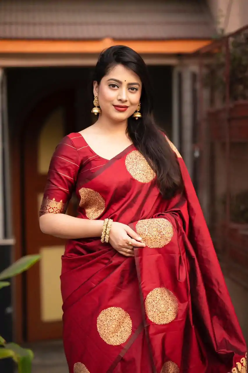 KP 5062 Maroon Color Soft Lichi Silk Jacquard On All Over Saree Casual, Party Wear, Wedding, Events Etc. Expected Delivery 4-6 Working Days @1299/- | Bollywood Sarees, Creative Sarees, Designer Sarees, Embroidered Sarees, Ethnic Saree, Modern Digital sarees, Party Wear Sarees, Sarees