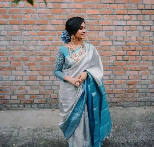 ES 8161 Silver Color Soft Lichi Silk Butti Work Saree Casual, Wedding, Party, Festive, Events Etc. Expected Delivery 4-6 Working Days @1499/- | Bollywood Sarees, Creative Sarees, Designer Sarees, Embroidered Sarees, Ethnic Saree, Modern Digital sarees, Party Wear Sarees, Sarees