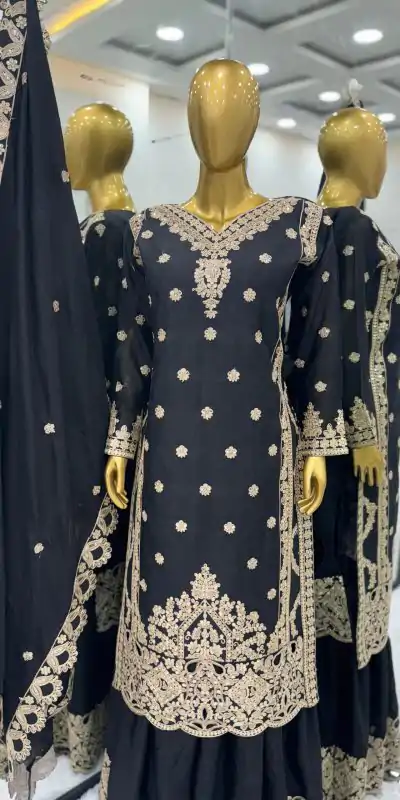 SRK 5166 Black Color Pure Chinnon Silk Embroidery Sequence Salwar Suit Wedding, Party, Festive, Events Expected Delivery 4-6 Working Days @ 2399/- | Jump Suits, Casual Suits, Creative suits, Designer Suits, Palazzo Suits, Party Wear Suits, Patiala Suits, Salwar suit, Straight Suits