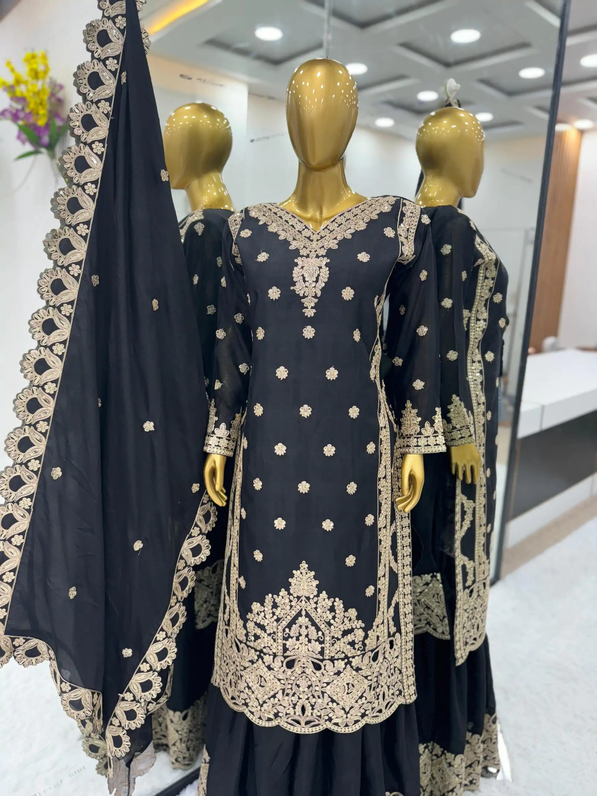 SRK 5166 Black Color Pure Chinnon Silk Embroidery Sequence Salwar Suit Wedding, Party, Festive, Events Expected Delivery 4-6 Working Days @ 2399/- | Jump Suits, Casual Suits, Creative suits, Designer Suits, Palazzo Suits, Party Wear Suits, Patiala Suits, Salwar suit, Straight Suits