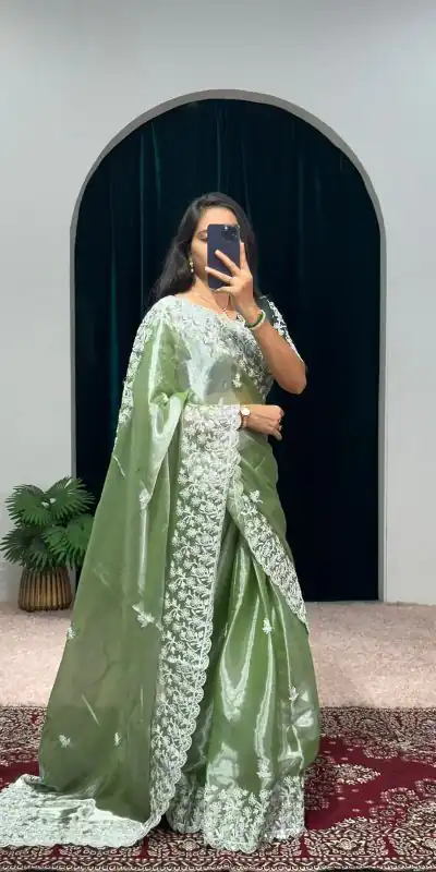 ST 471 Green Color Burberry With Blooming Embroidery Saree Casual, Wedding, Party, Festive, Events Etc. Expected Delivery 4-6 Working Days @1999/- | Bollywood Sarees, Creative Sarees, Designer Sarees, Embroidered Sarees, Ethnic Saree, Modern Digital sarees, Party Wear Sarees, Sarees