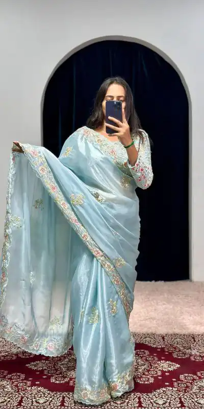ST 469 Sky Blue Color Jimmy Choo Thread Embroidery Work Saree Casual, Wedding, Party, Festive, Events Etc. Expected Delivery 4-6 Working Days @1999/- | Bollywood Sarees, Creative Sarees, Designer Sarees, Embroidered Sarees, Ethnic Saree, Modern Digital sarees, Party Wear Sarees, Sarees